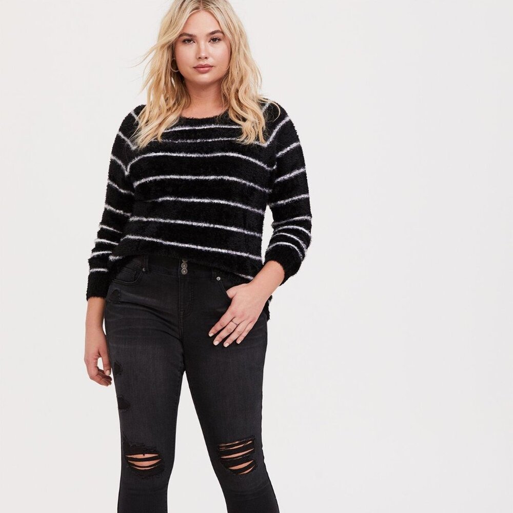 Torrid Black & White Striped Fuzzy Pullover Sweater 4X